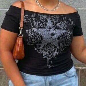 🔥 FLASH SALE | ROMWE Black Off Shoulder Top Size XL | Y2K Grunge Graphic Tee